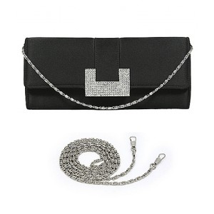 Evening Bag - 12 PCS - Satin w/ Rhinestone Buckle Closure - Black - BG-EBS1142BK